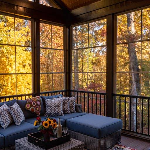 A cabin with large Windows viewing an autumn woodland
